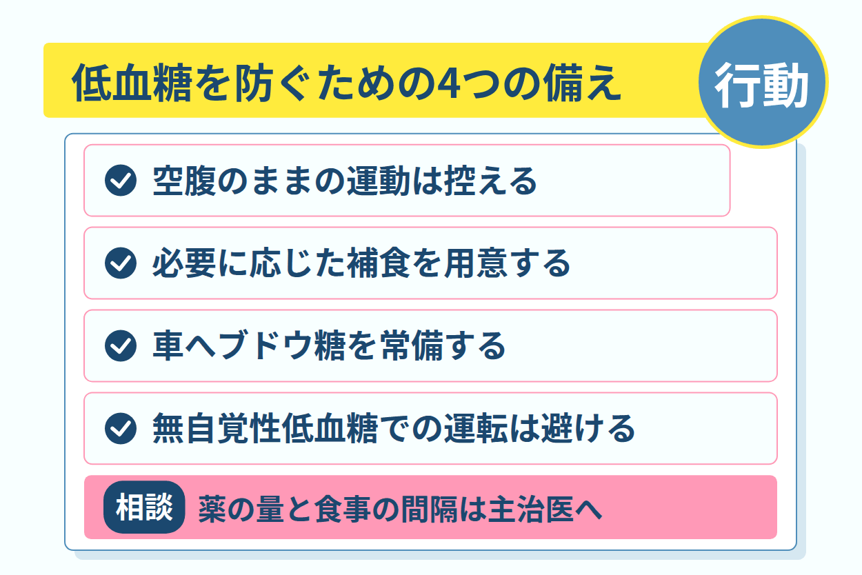 食事の遅れと空腹のままの運動が招く低血糖